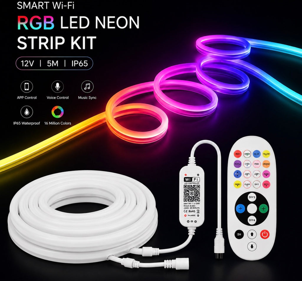 5M Smart WiFi RGB LED Neon Strip Light – Waterproof IP65, App & Remote Control